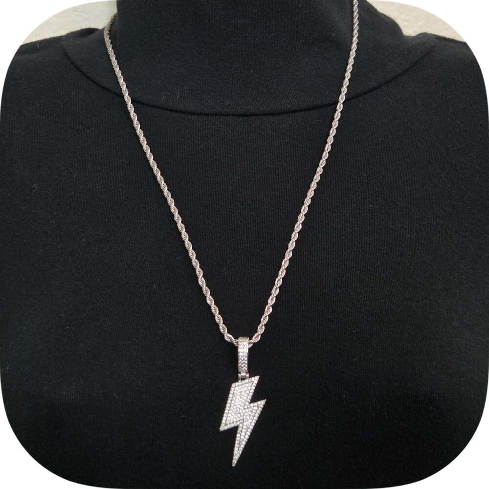 Silver Iced Out CZ Lightning Bolt Pendant on Rope Chain Necklace